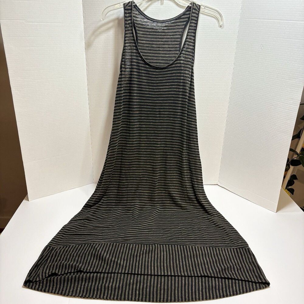 Eileen Fisher Womens 100% Linen Racerback Midi Dress Size M Black/Gray Stripes